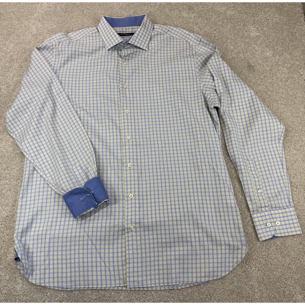 Hammer Made Men XL 43/17 Dress Shirt Blue Yellow Plaid Long Sleeve Flipped Cuff